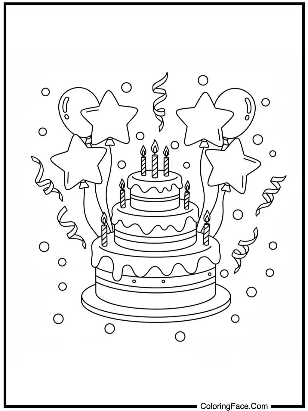 Birthday Cake with Balloons and Confetti