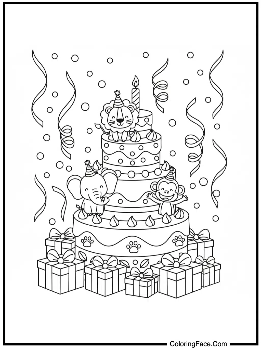 Birthday Cake with Presents and Ribbons