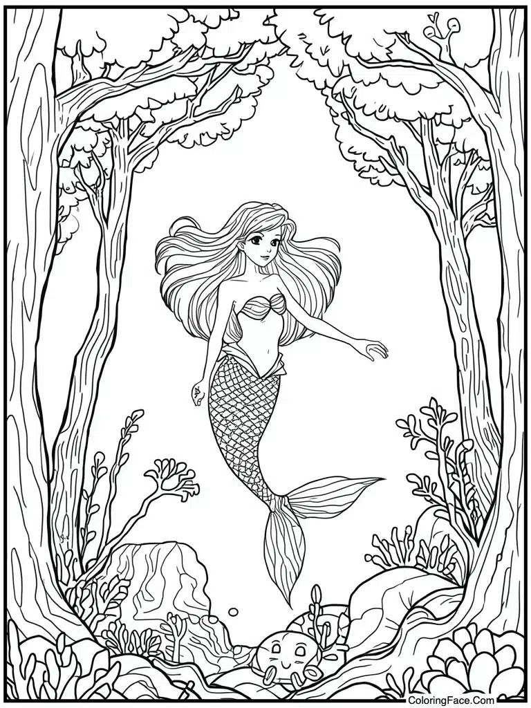 Mermaid swimming deep sea