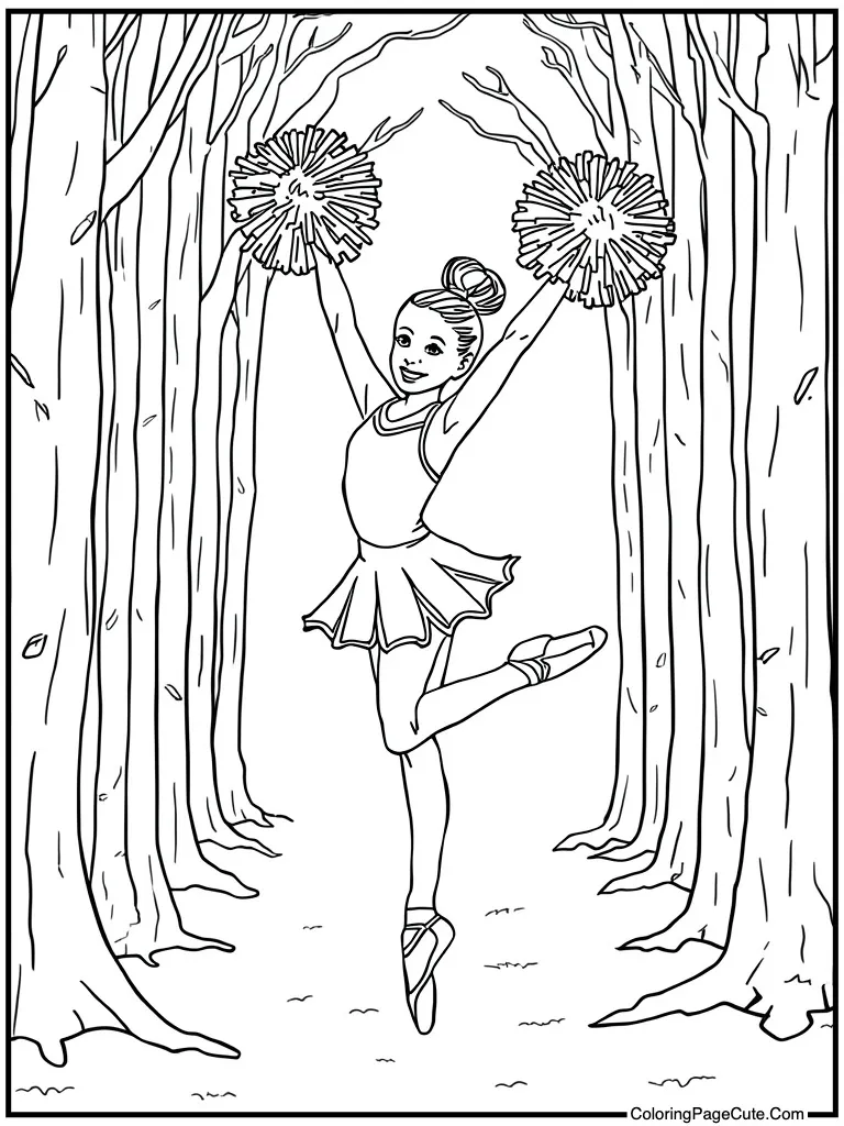 Cheerleader jumping high pom-poms