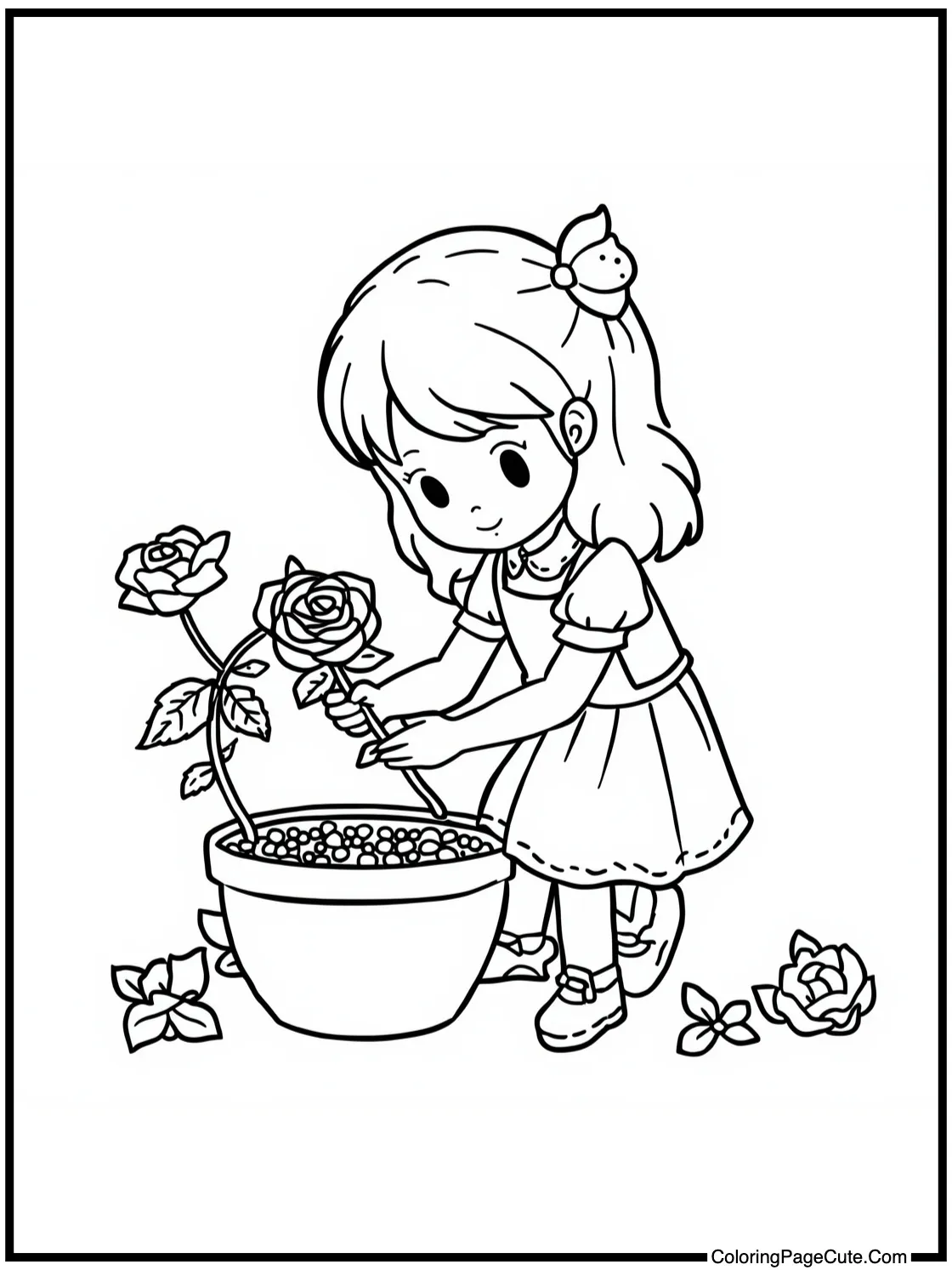 Charlotte tending roses