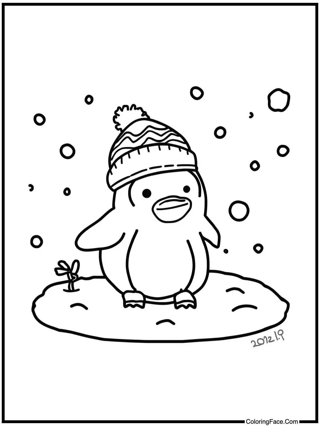 Penguin playing in snow.