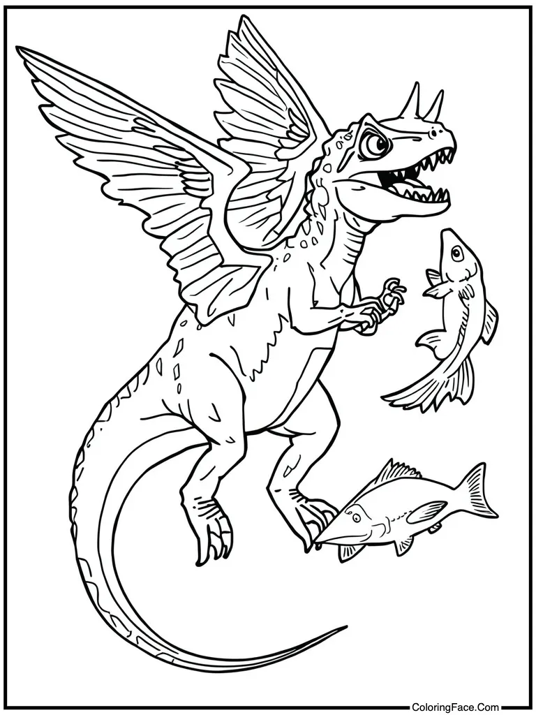 Flying reptile catching fish