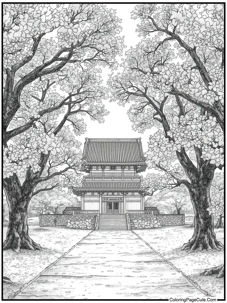 Japanese temple cherry blossom