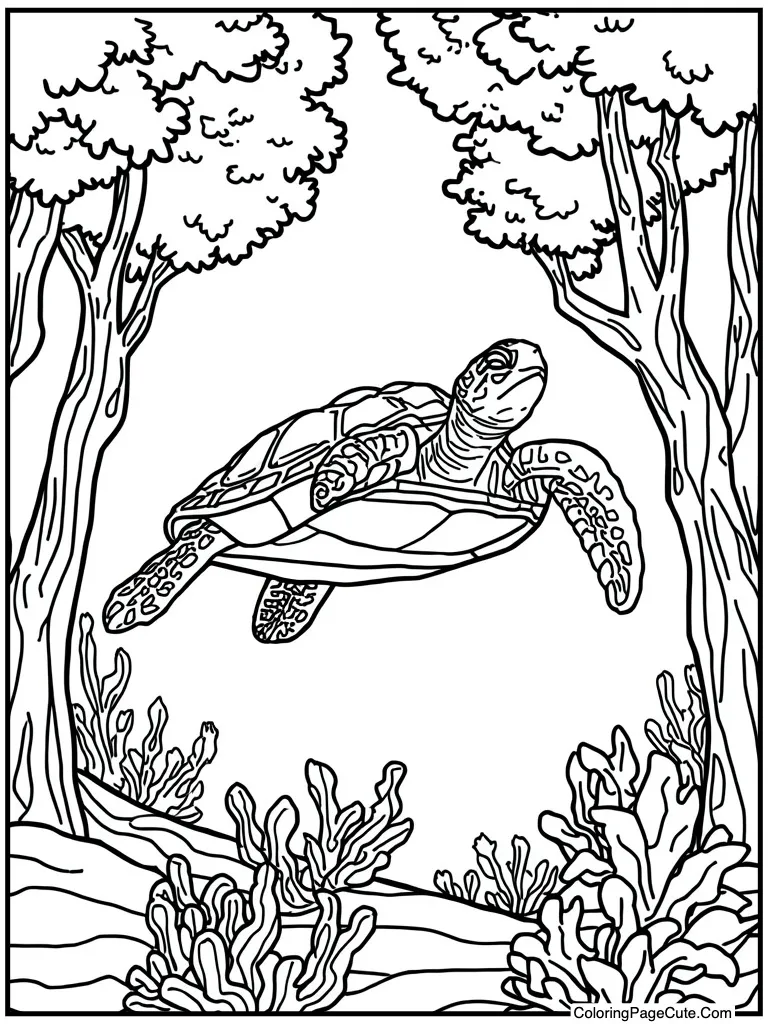 Turtle swimming coral reef