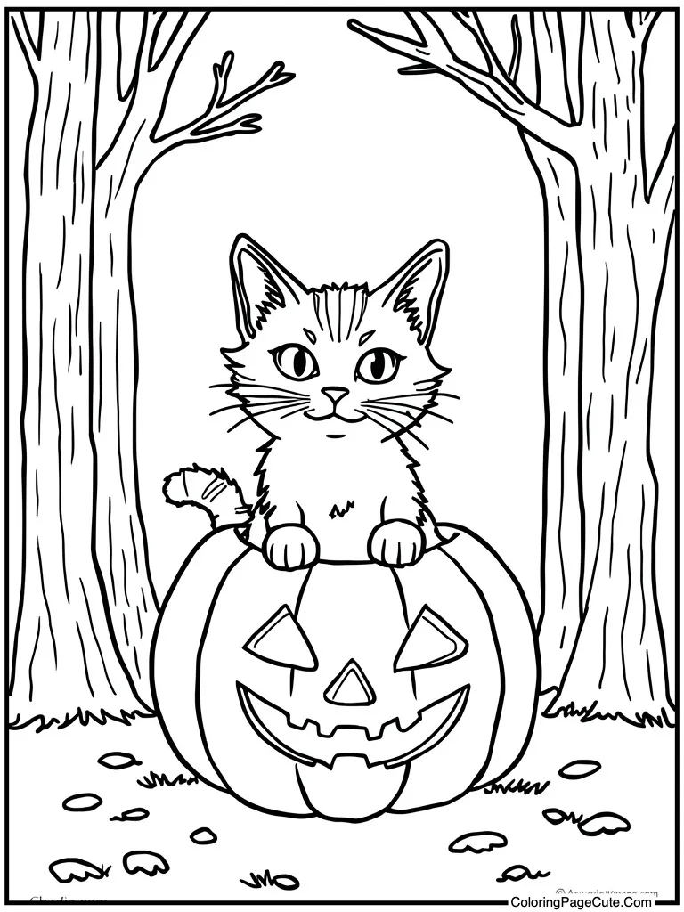 Cat sitting inside pumpkin