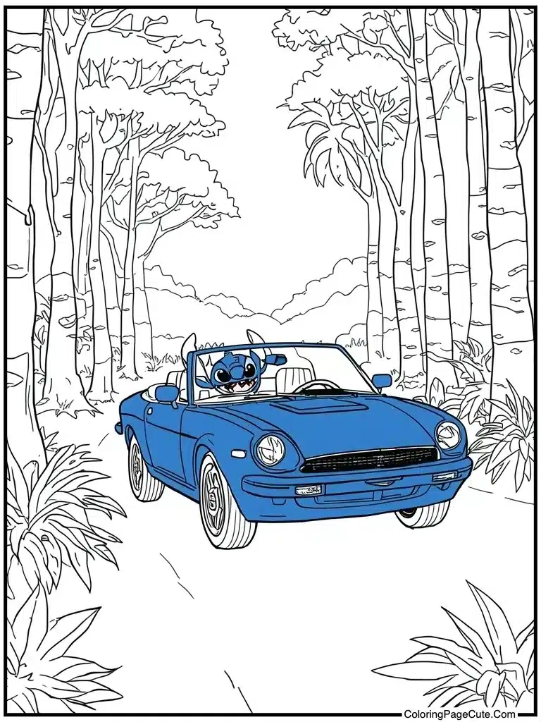 Alien driving blue convertible