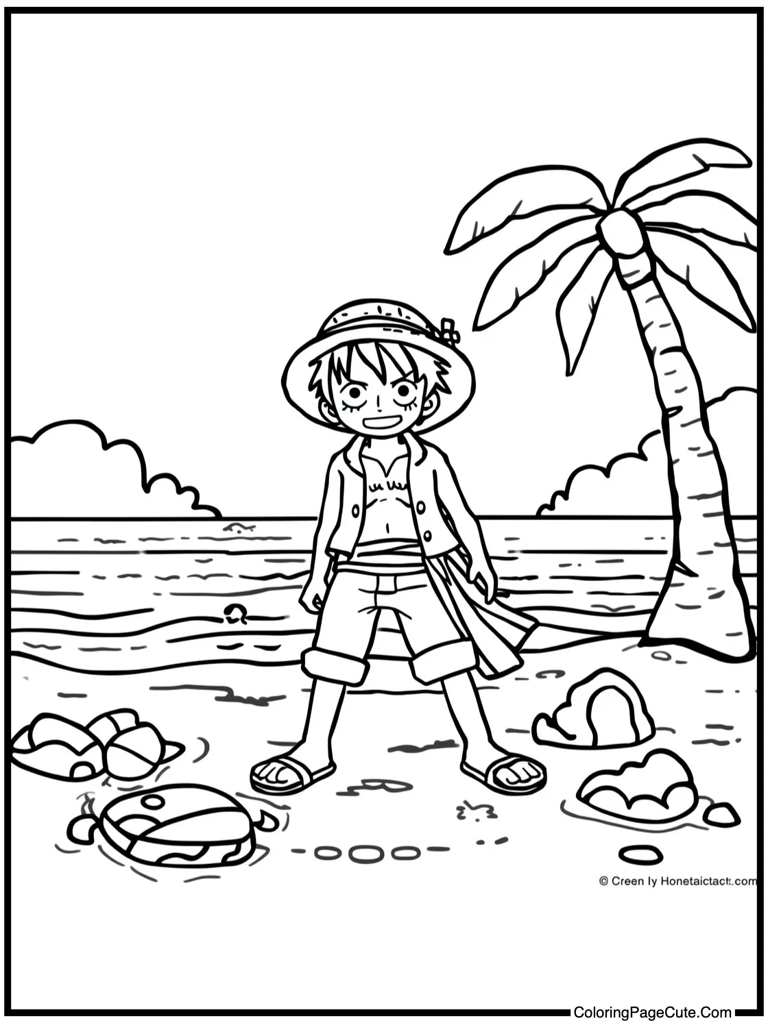 Luffy exploring a beach.
