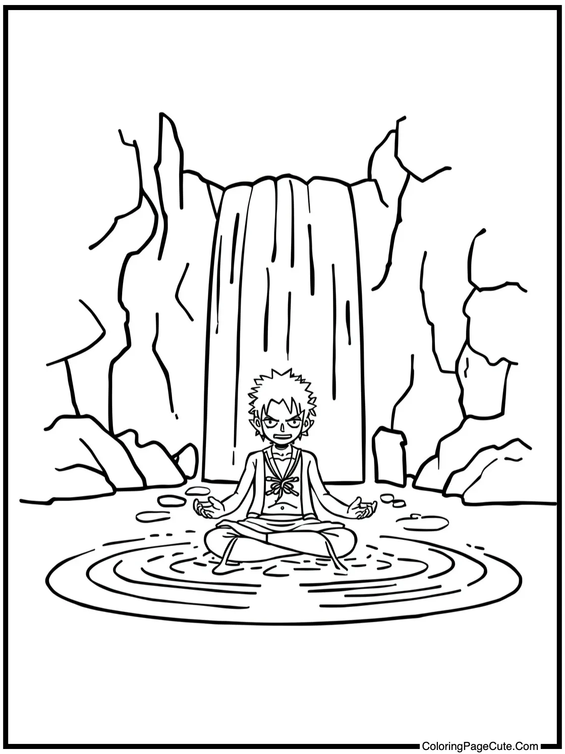 Zoro meditating by waterfall.