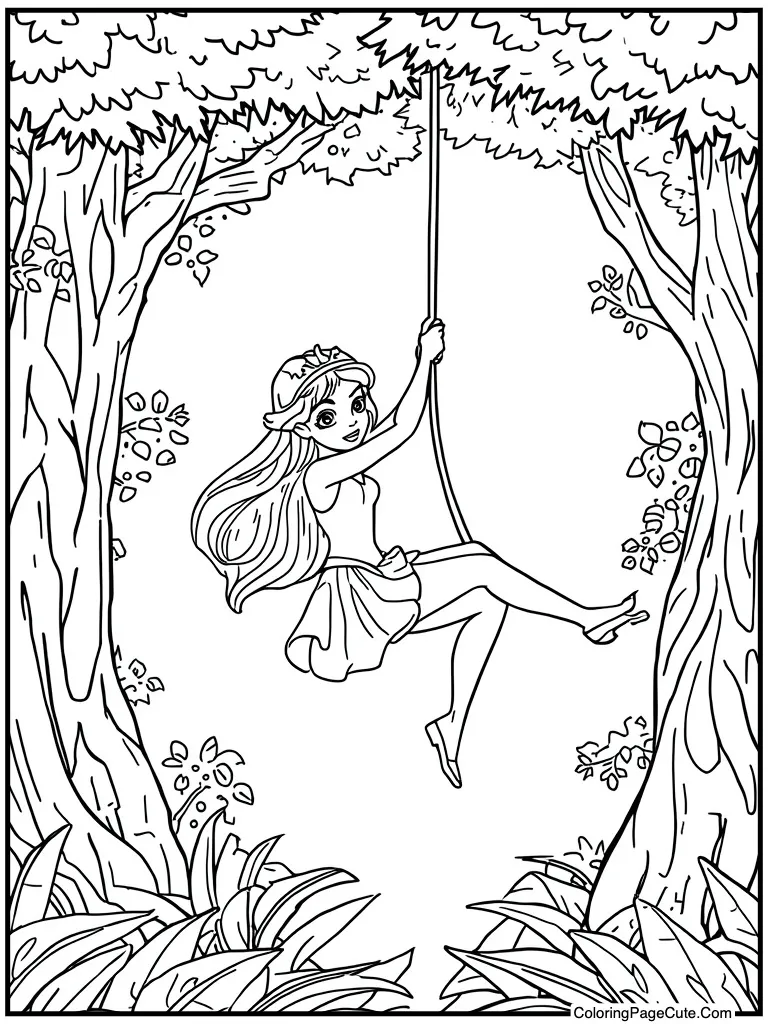 Jungle girl swinging vine