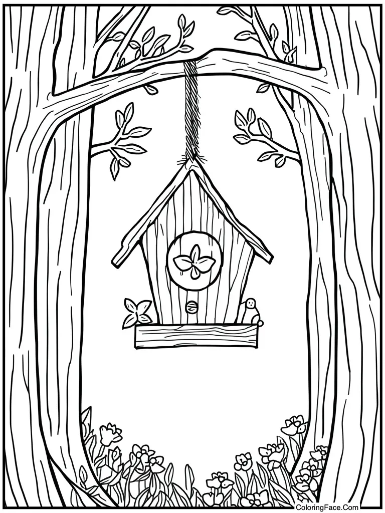 Birdhouse hanging from branch