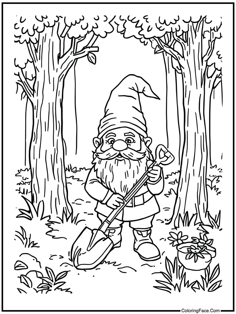 Gnome gardening with hoe