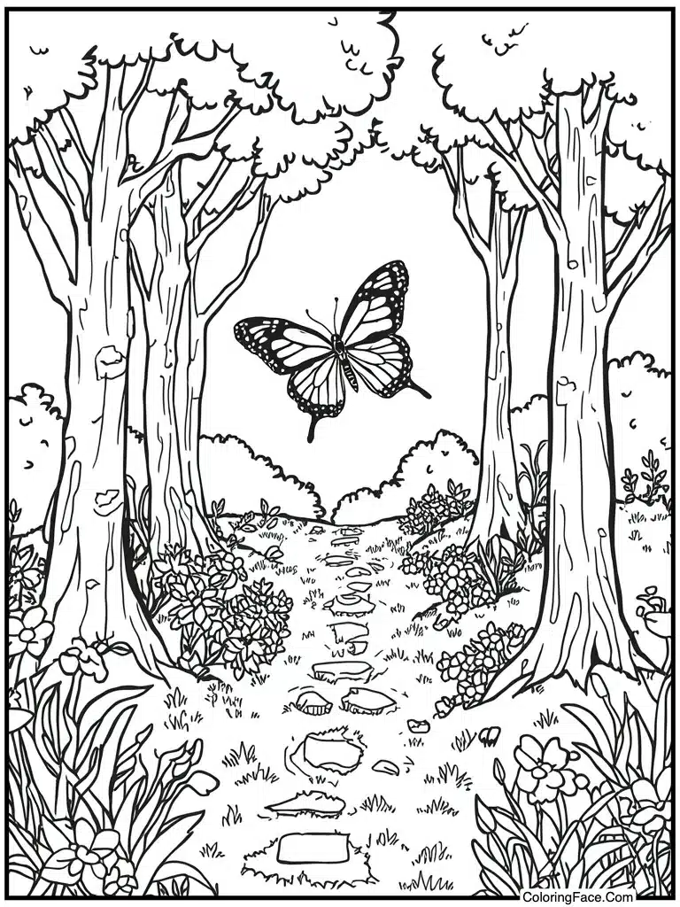 Butterfly flying garden path