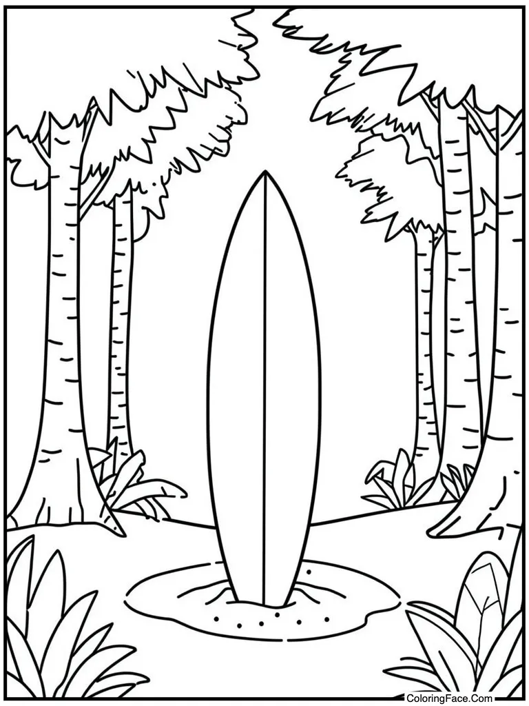 Surfboard standing in sand