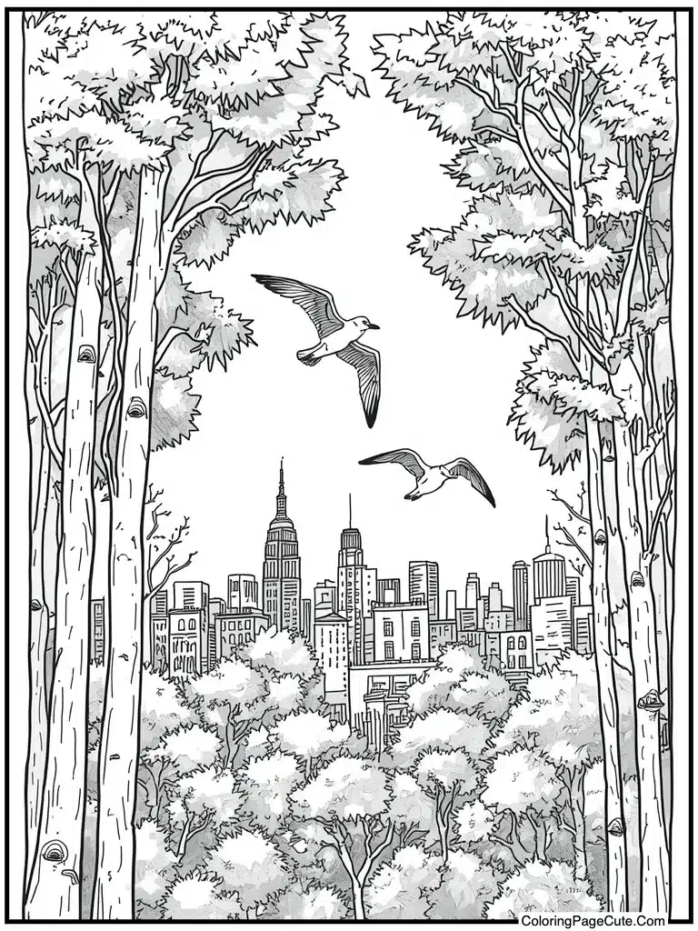 Seagulls flying over city