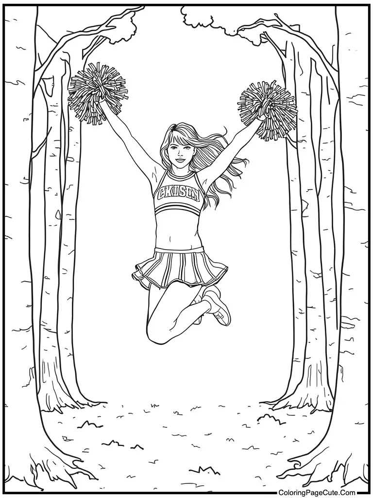 Cheerleader jumping with poms