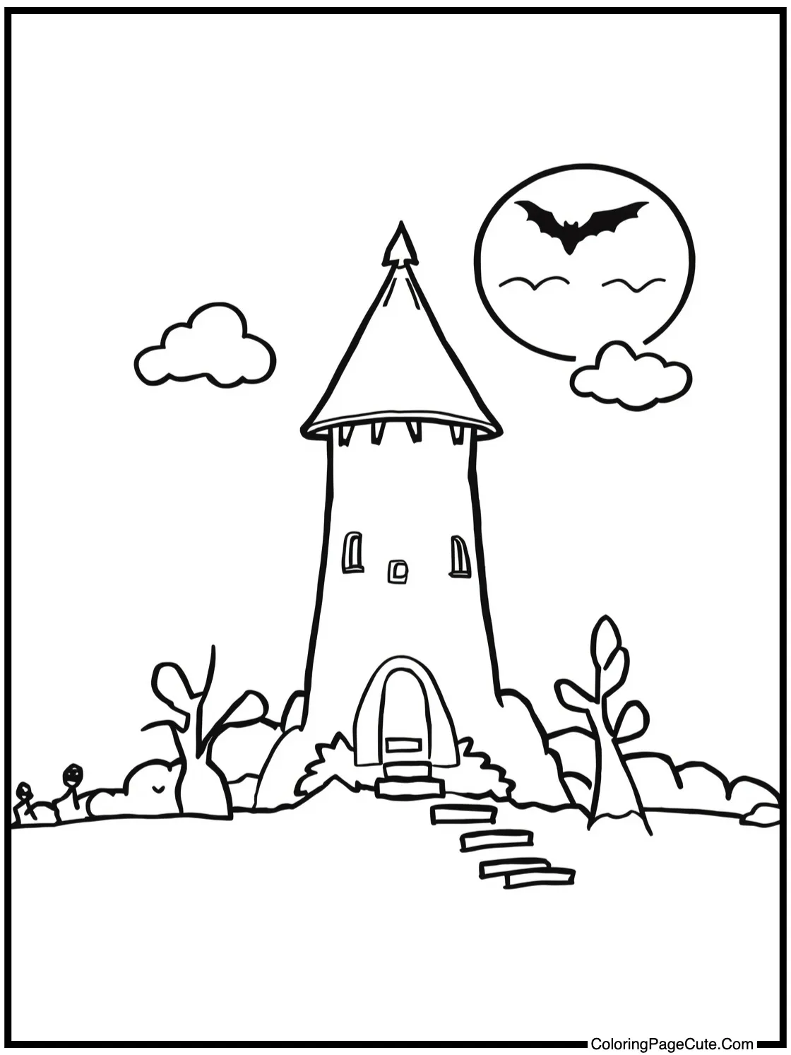 showing a moonlit tower