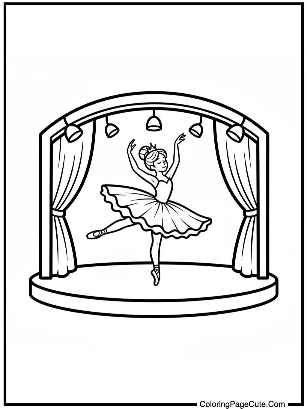 ballerina coloring sheet on stage.