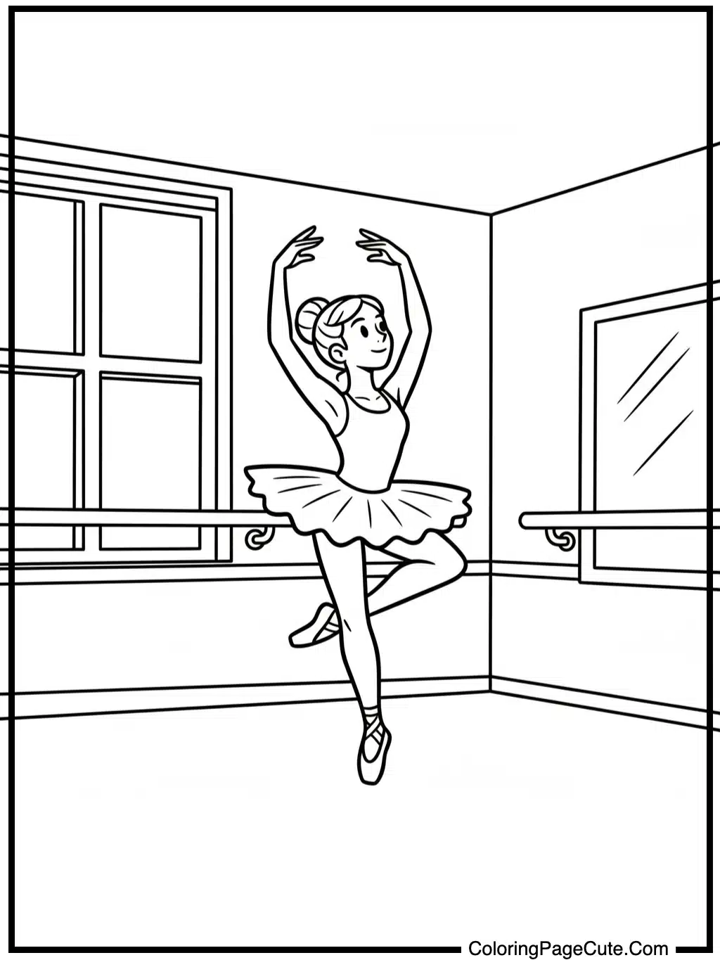 ballerina coloring sheet in a studio.