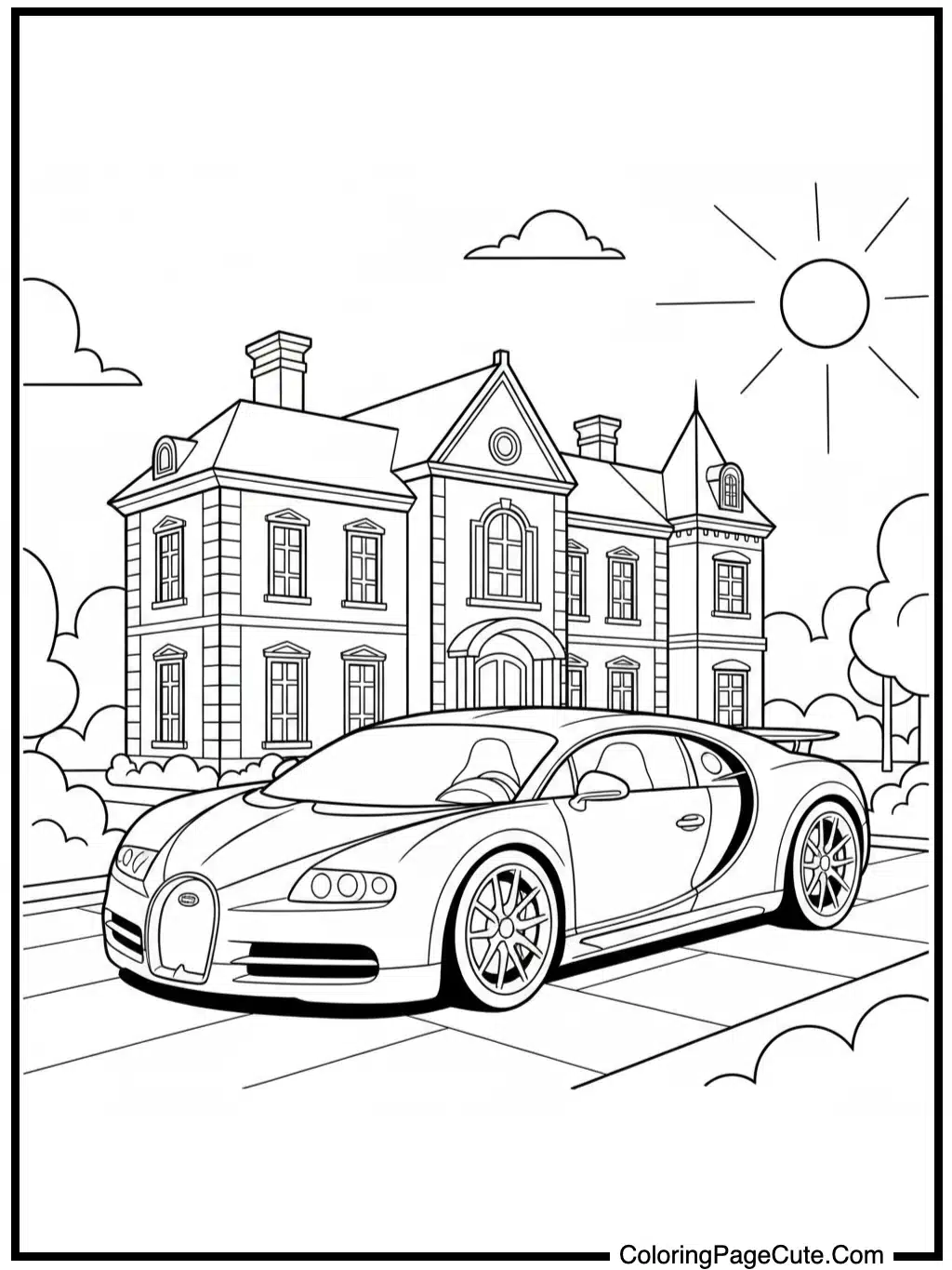 bugatti parked beside mansion