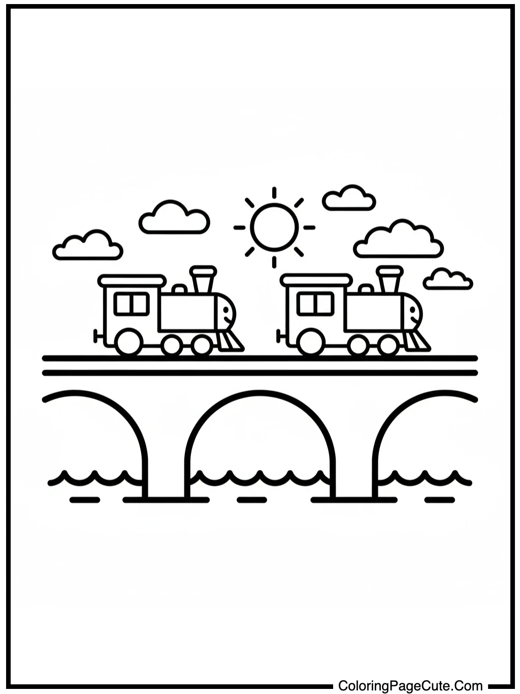coloring book pages of trains crossing a bridge