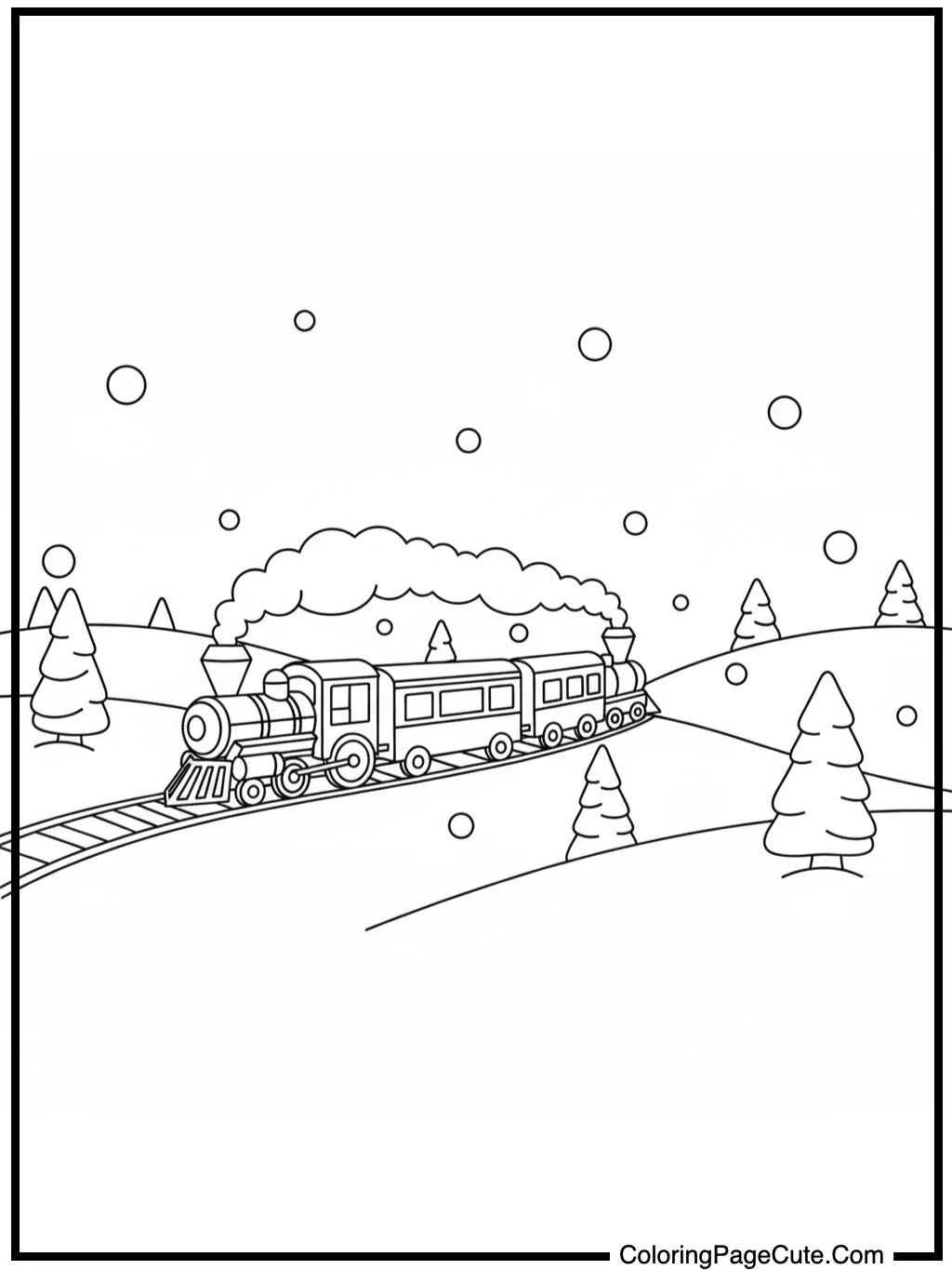 coloring book pages of trains in a snowy landscape