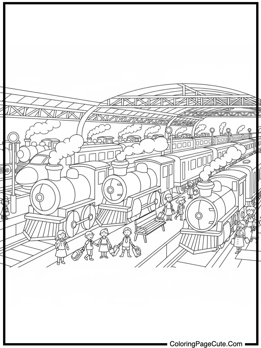 coloring book pages of trains at a busy station