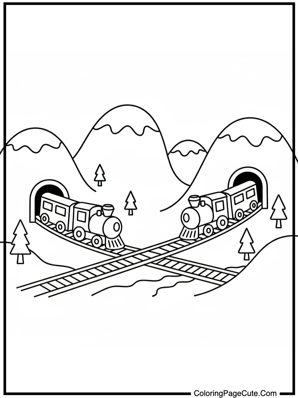 coloring book pages of trains passing through mountains