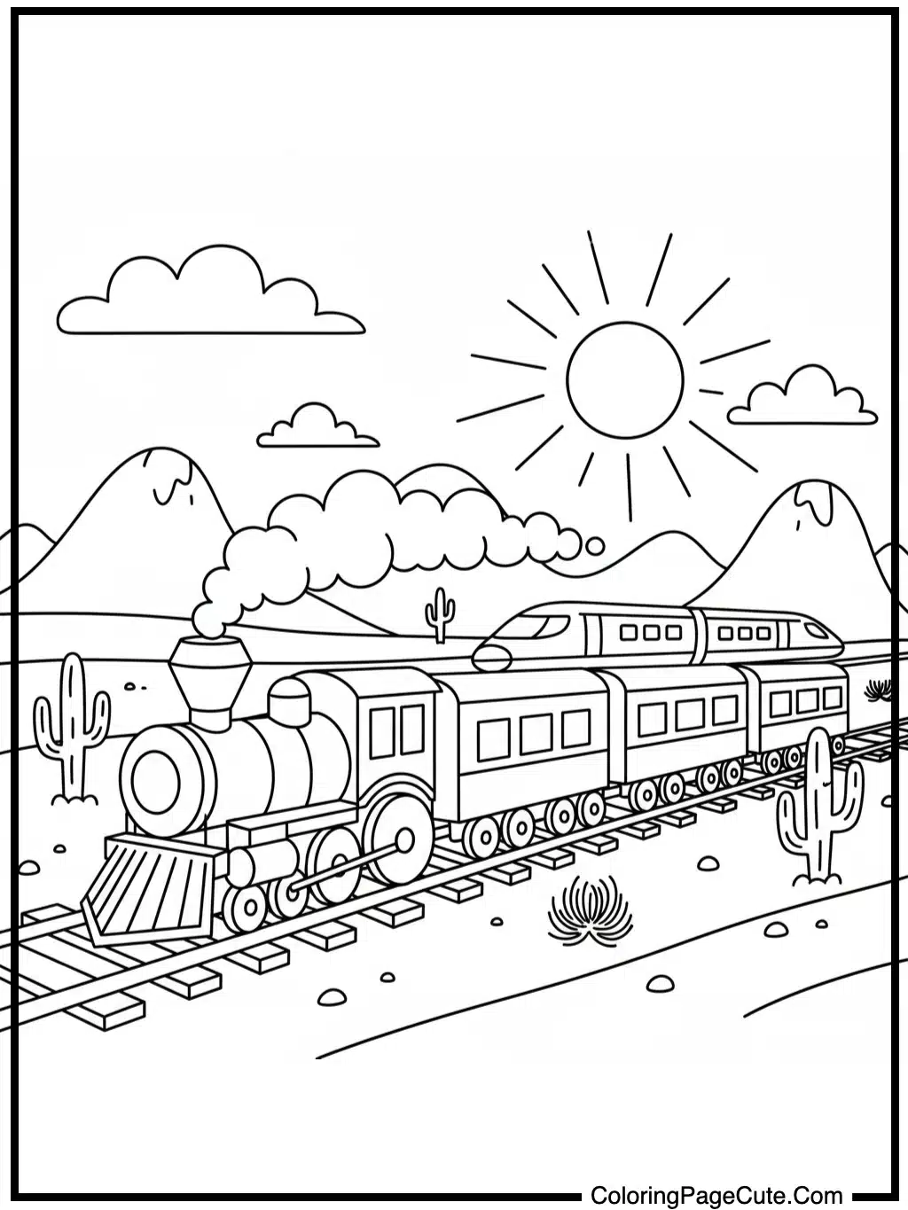 coloring book pages of trains in a desert scene