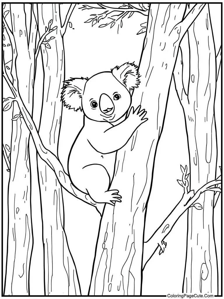 Koala hugging tree trunk
